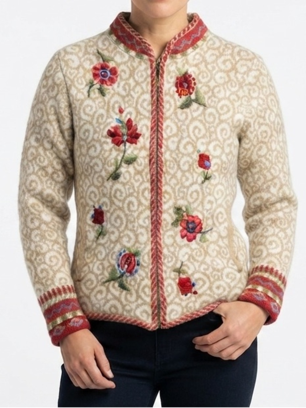 Icelandic Design 100% Lambswool Embroidered Floral Zip Cardigan Sweater Size M